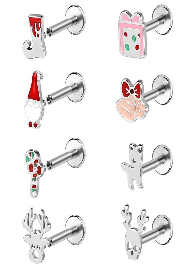BodyAce Christmas Labret Studs Lip Ring Flat Back Tragus Earrings for Women 16 Gauge Christmas Santa Conch Cartilage Piercing Cute Helix Jewelry [Bar Length:8mm] - Image 1